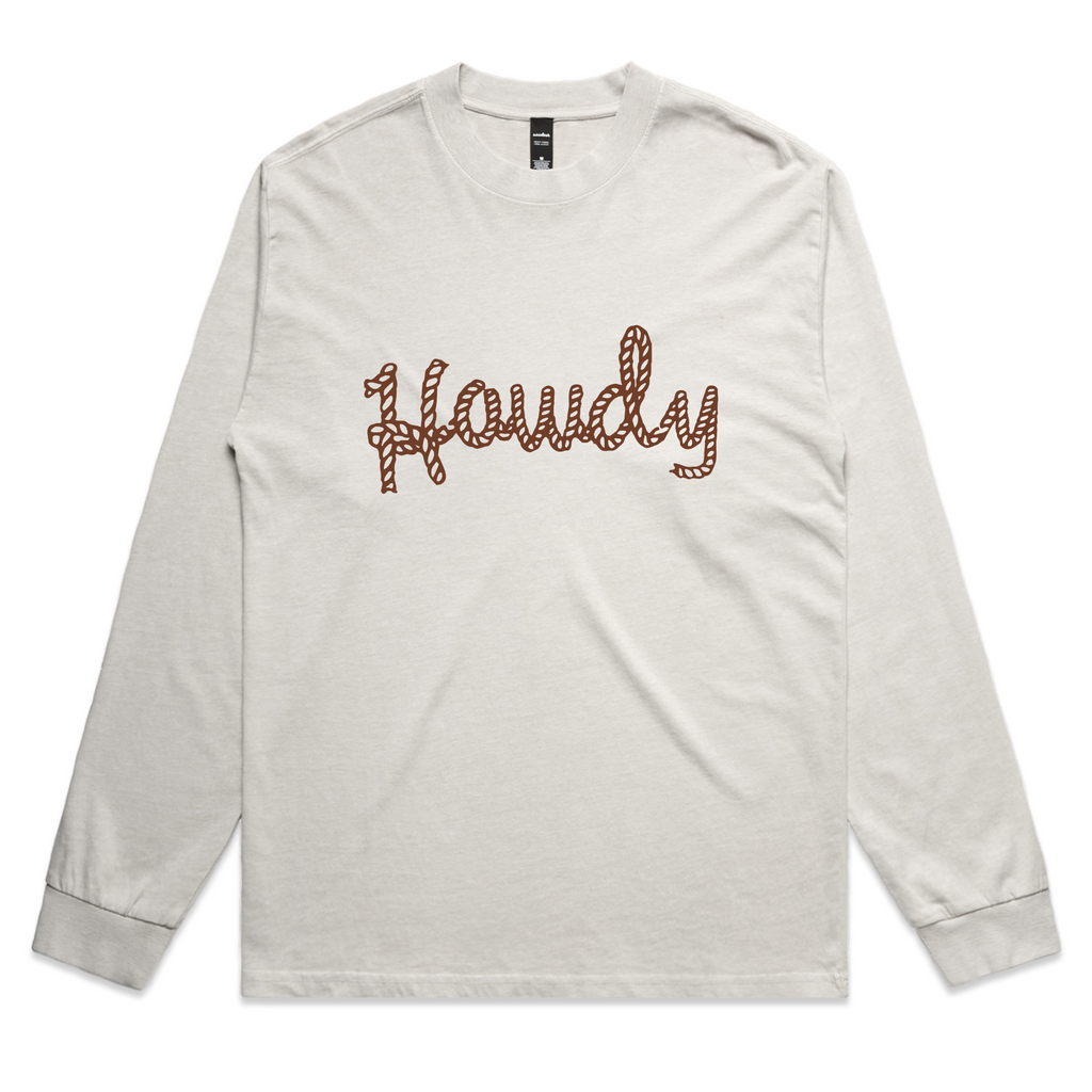 Howdy – Retro Western Long Sleeve Tee with Bold Lettering – Faded L/S