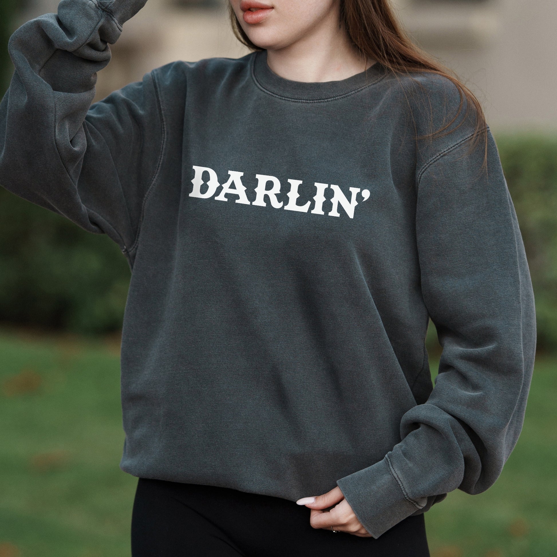 Darlin’ Western Graphic Text in Vintage Rodeo Font – Pigment Crewneck Sweatshirt
