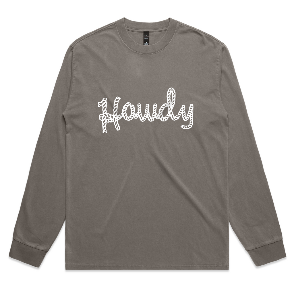 Howdy – Retro Western Long Sleeve Tee with Bold Lettering – Faded L/S