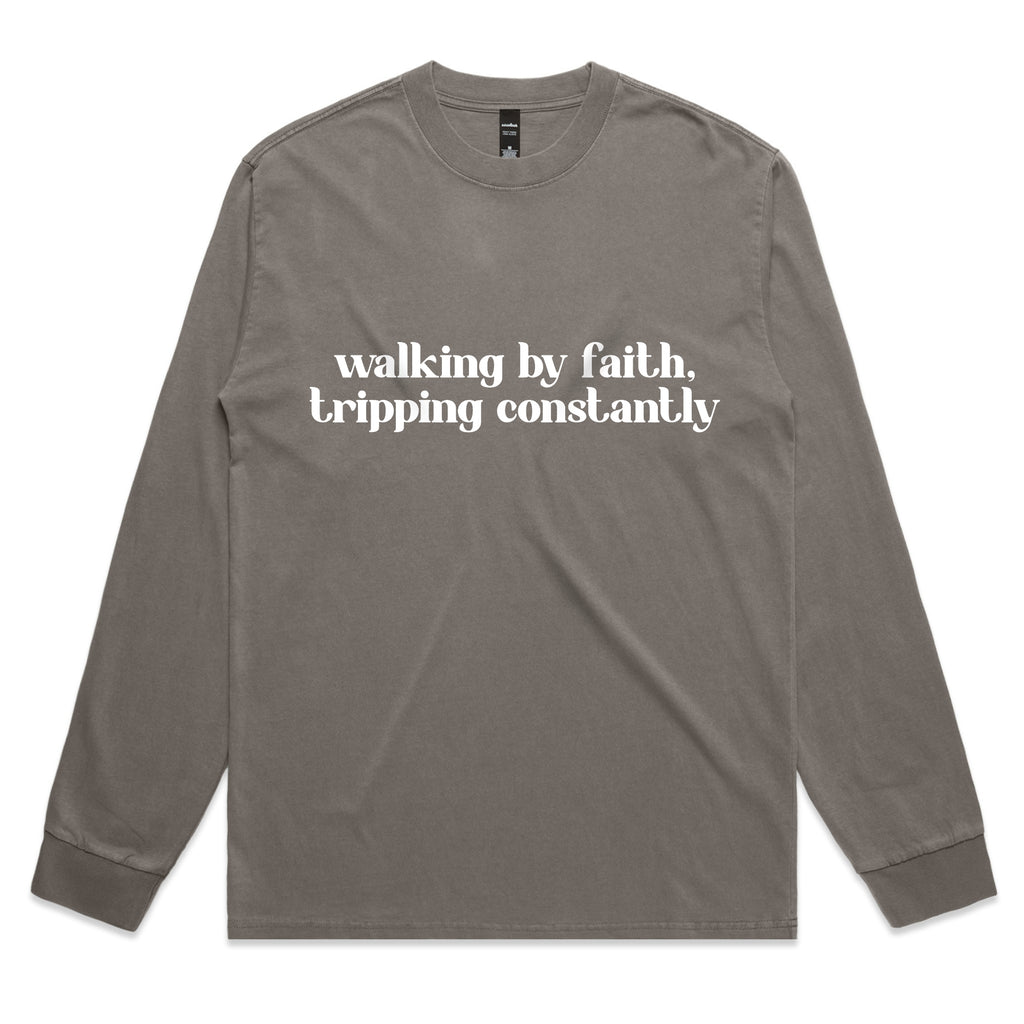 Walking by Faith Tripping Constantly – Funny Christian Long Sleeve Tee – Faded L/S