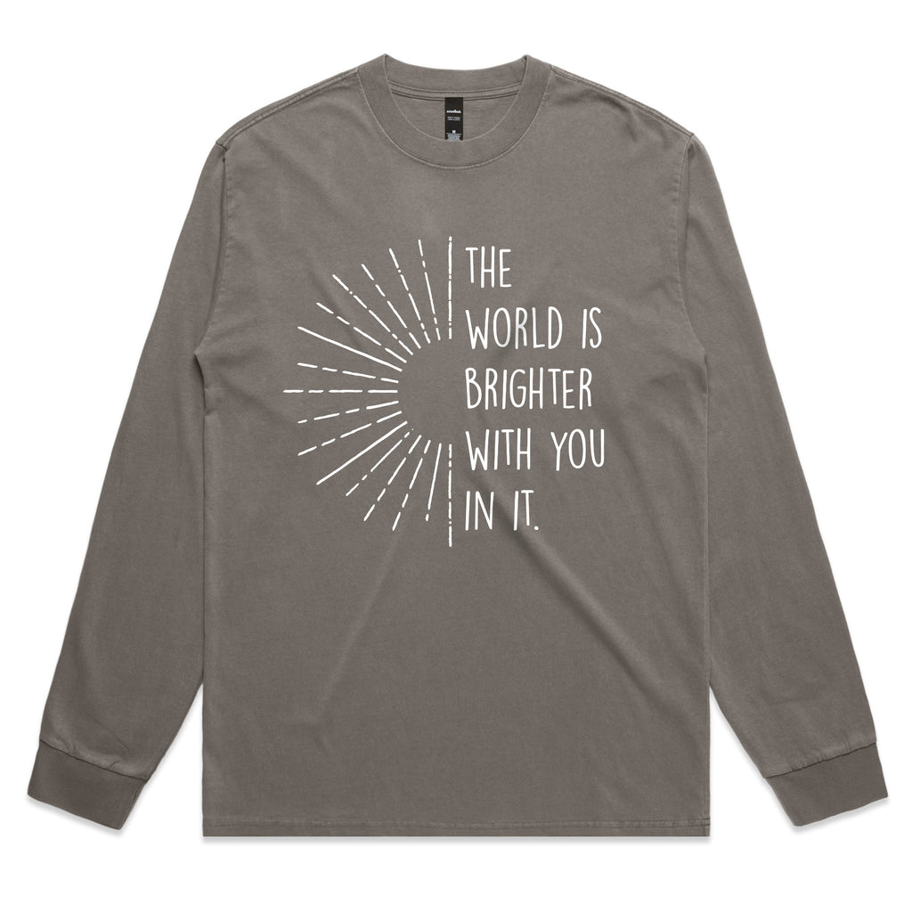 The World Is Brighter With You In It Tee – Inspirational Mental Health Sun Graphic Faded L/S