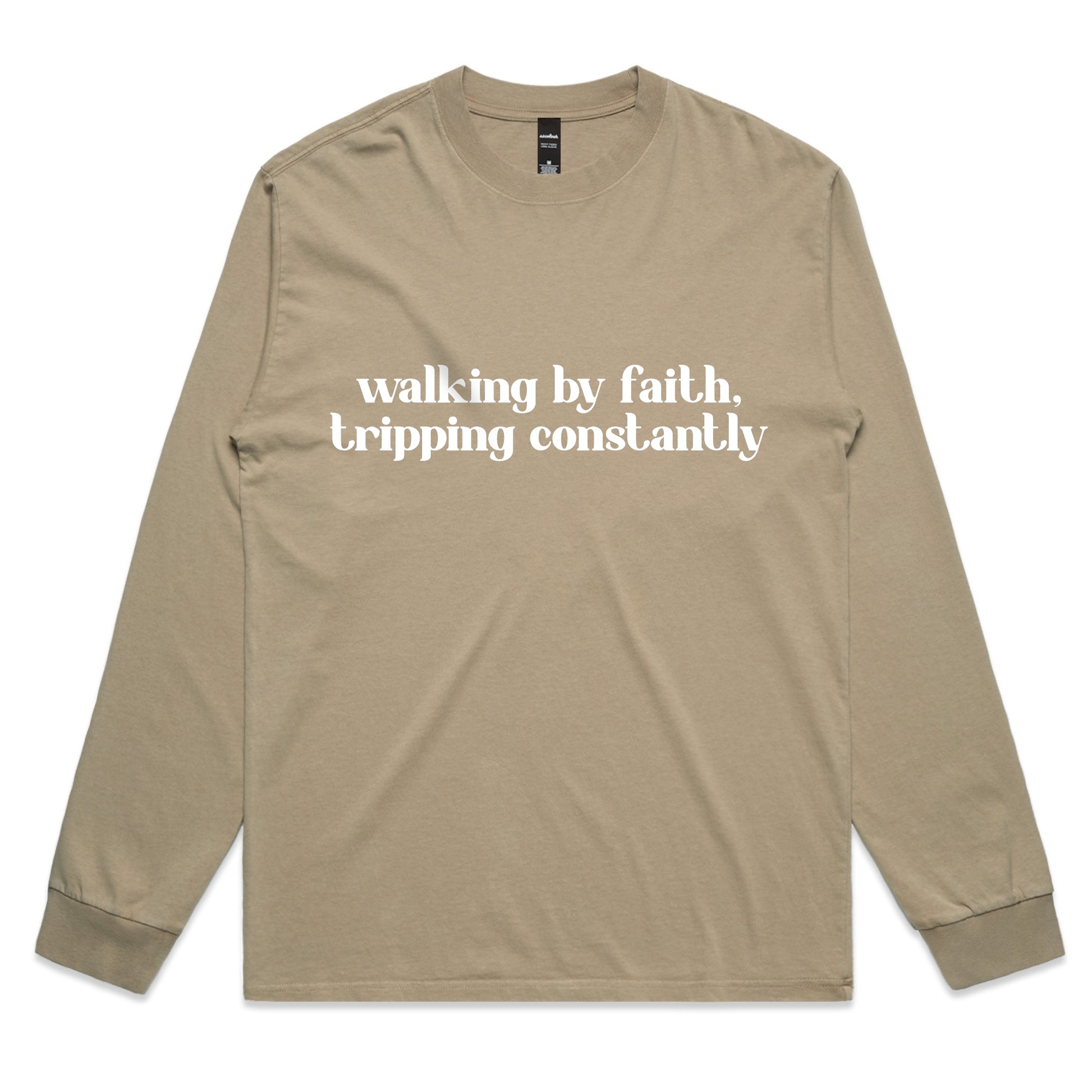 Walking by Faith Tripping Constantly – Funny Christian Long Sleeve Tee – Faded L/S
