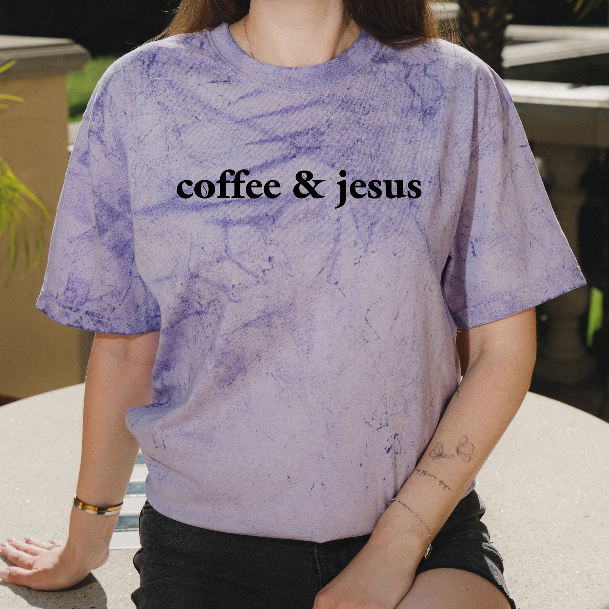 Coffee and Jesus Minimalist Christian Text Graphic – Vintage Colorblast Shirt