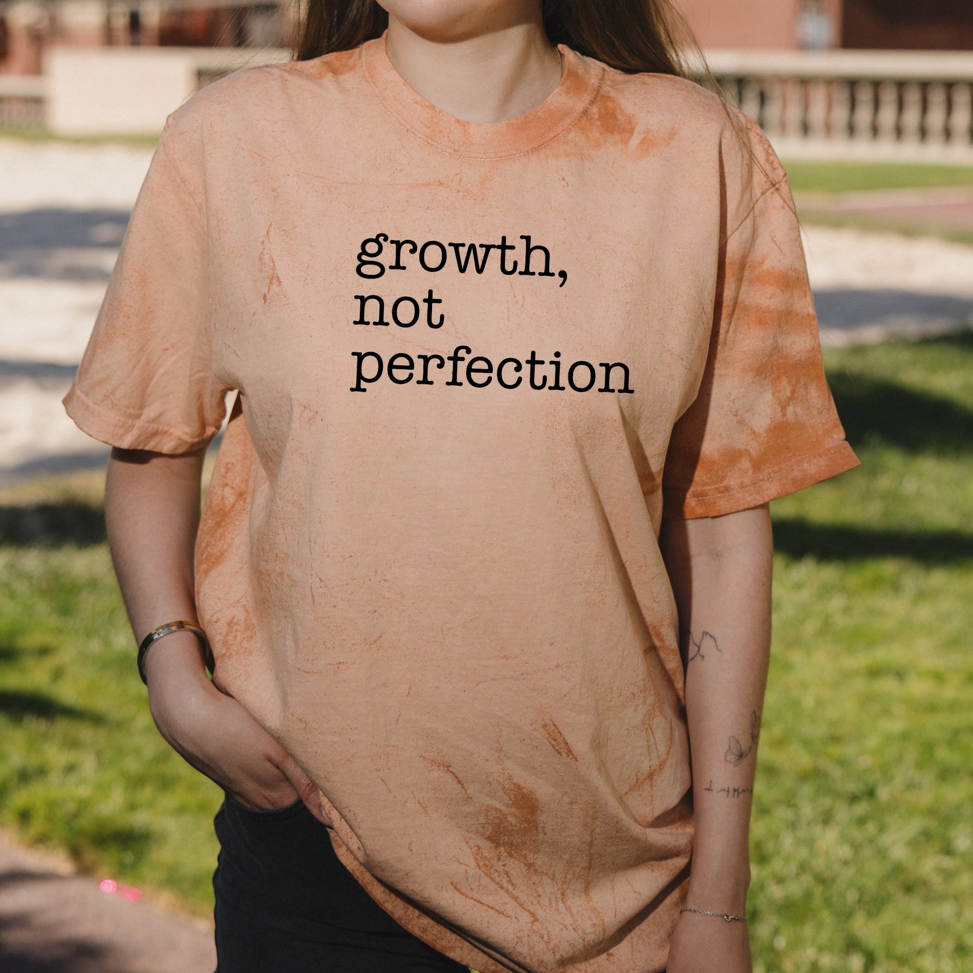 Growth Not Perfection Minimalist Text Graphic with Motivational Message – Vintage Colorblast Shirt