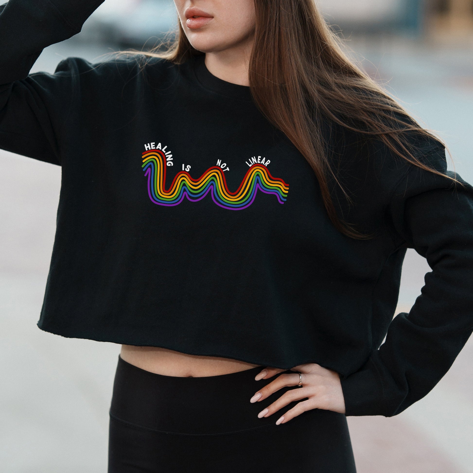 Healing Is Not Linear Rainbow Graphic with Mental Health Message  – Vintage Crop Sweatshirt