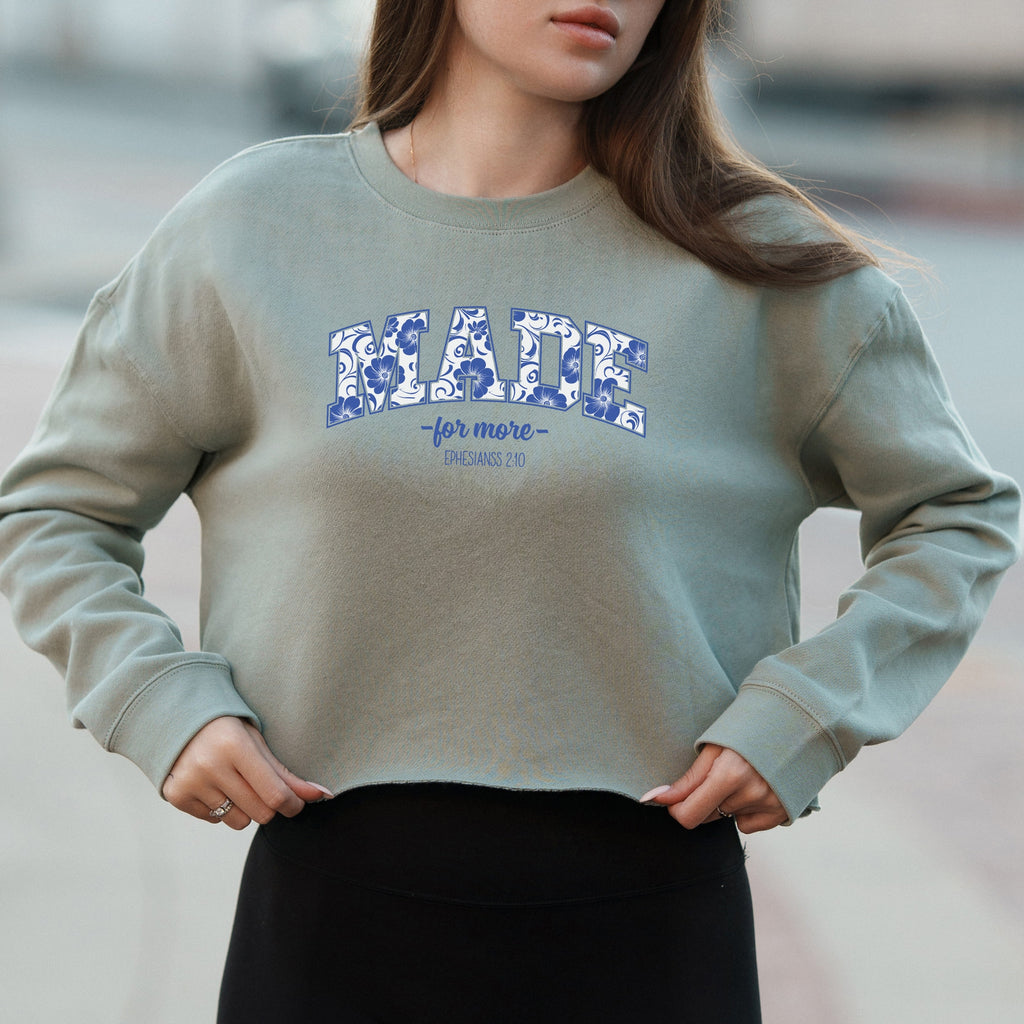Made For More Blue Floral Tile Graphic with Faith Inspired Message – Vintage Crop Sweatshirt