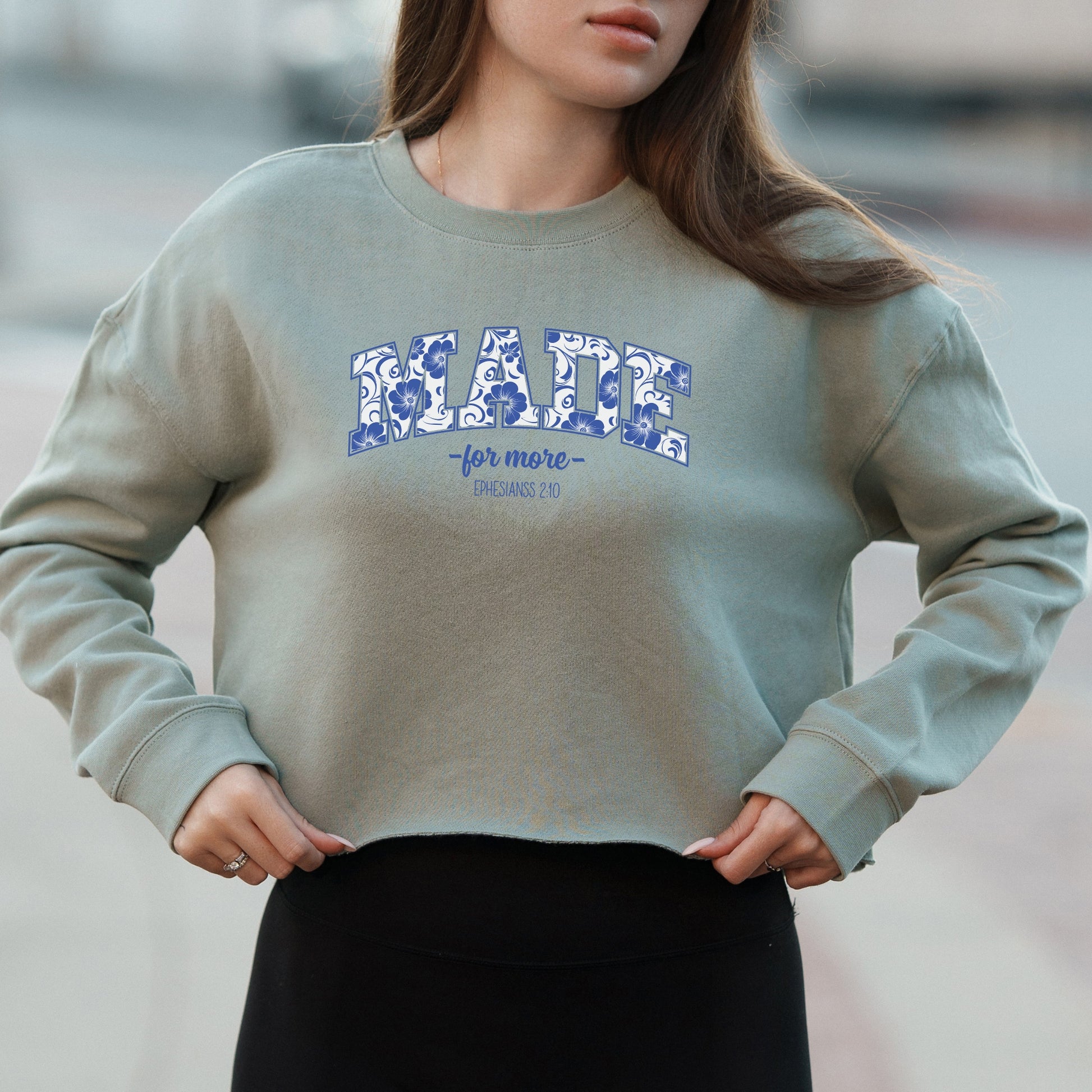 Made For More Blue Floral Tile Graphic with Faith Inspired Message – Vintage Crop Sweatshirt