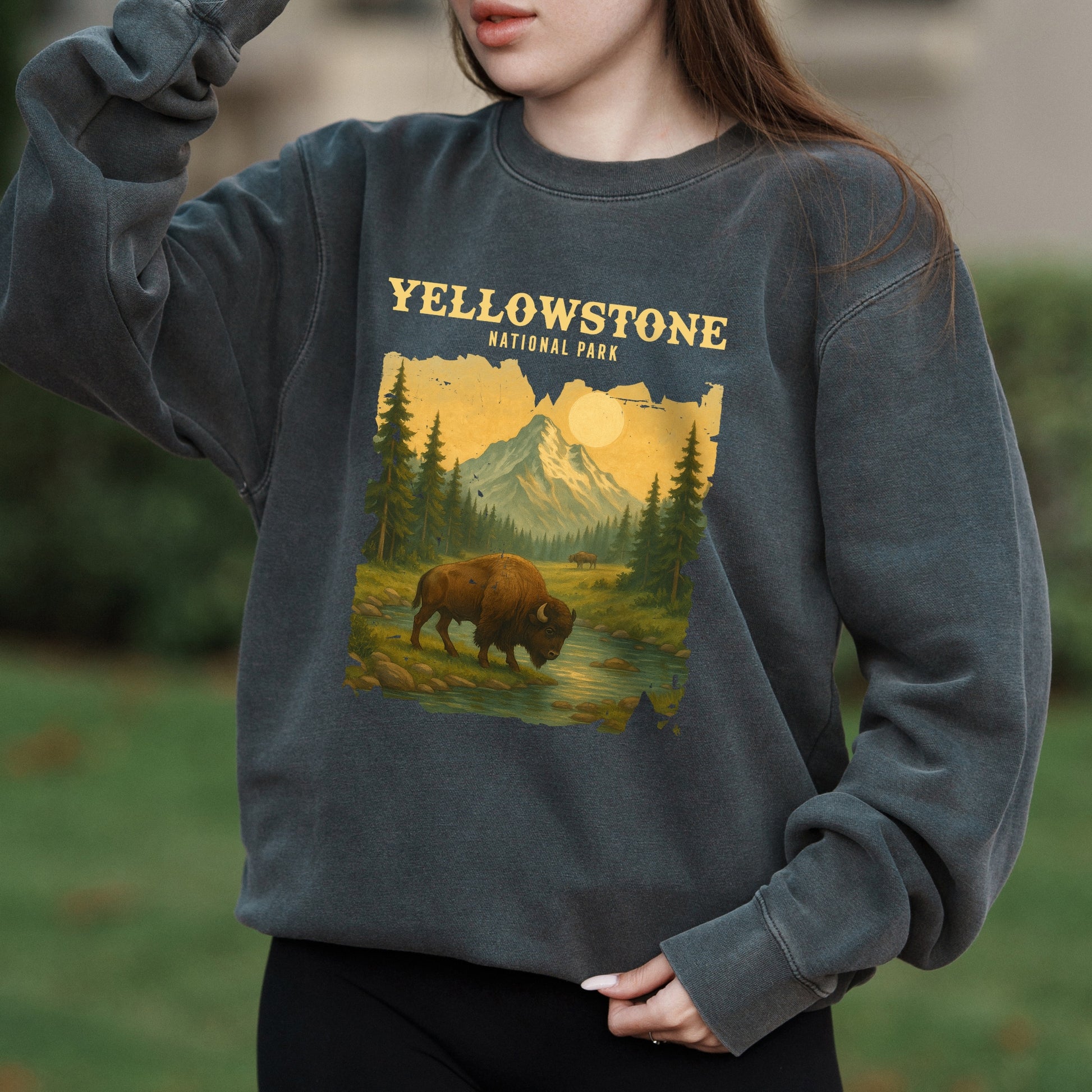 Retro Graphic with Yellowstone National Park Text – Pigment Crewneck Sweatshirt