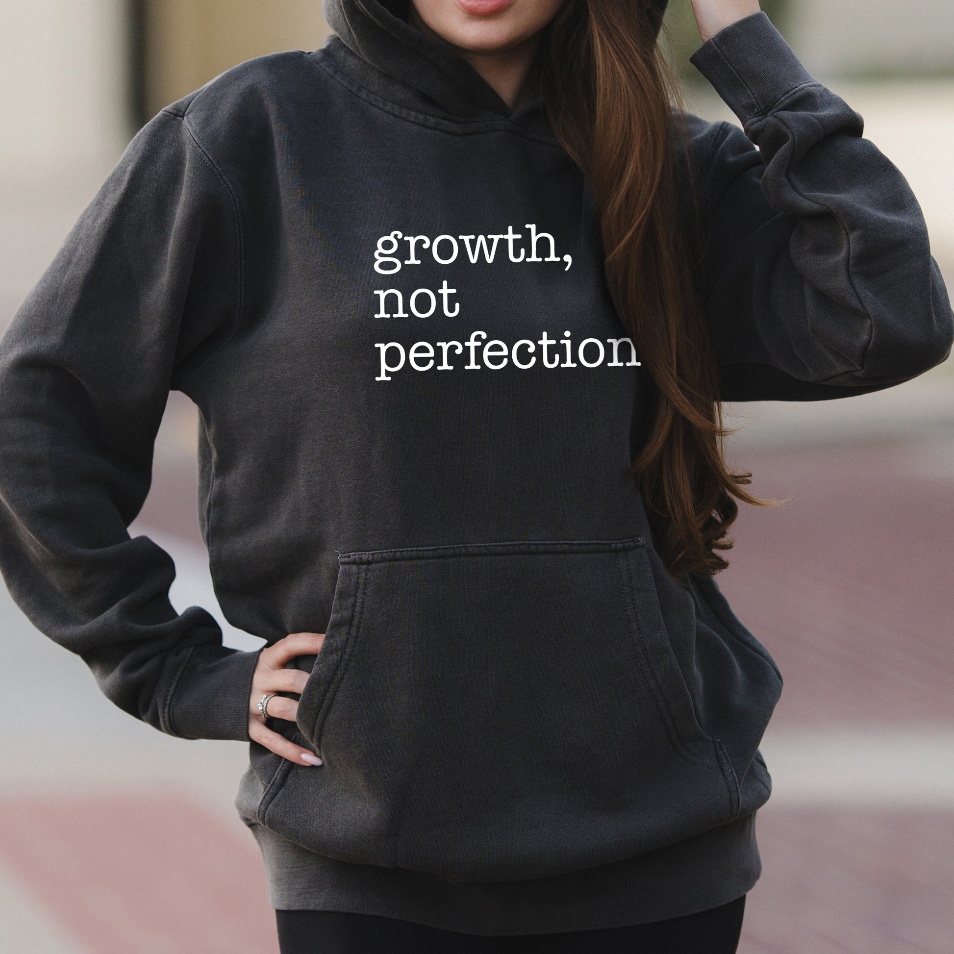 Growth Not Perfection Minimalist Text Graphic with Motivational Message – Faded Hoodie
