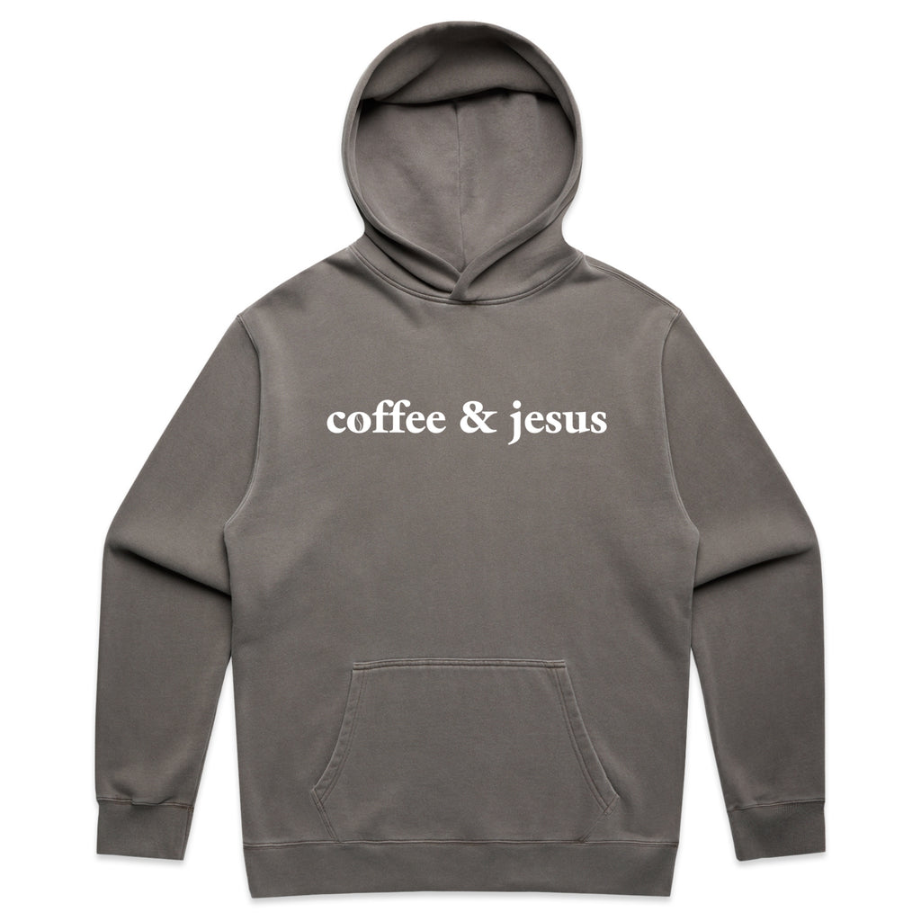 Coffee and Jesus Minimalist Christian Text Graphic – Faded Hoodie