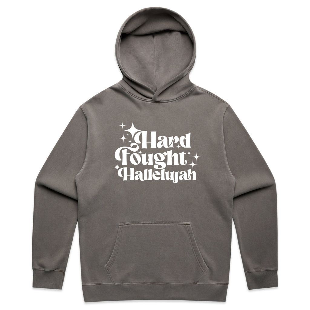 Hard Fought Hallelujah Retro Text Graphic with Christian Message – Faded Hoodie