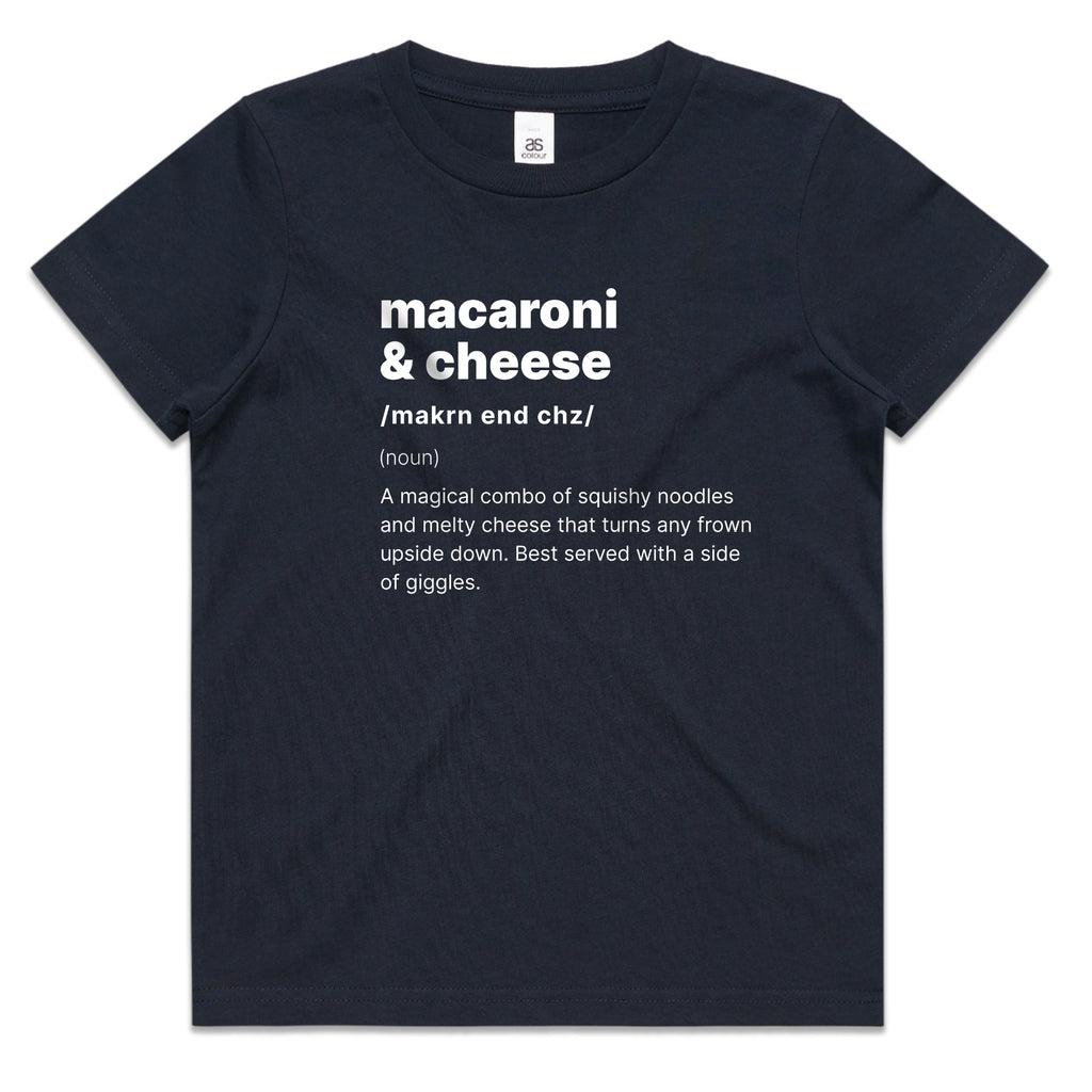 Macaroni & Cheese Definition Kids T-Shirt – Funny Foodie Toddler Tee with Whimsical Text