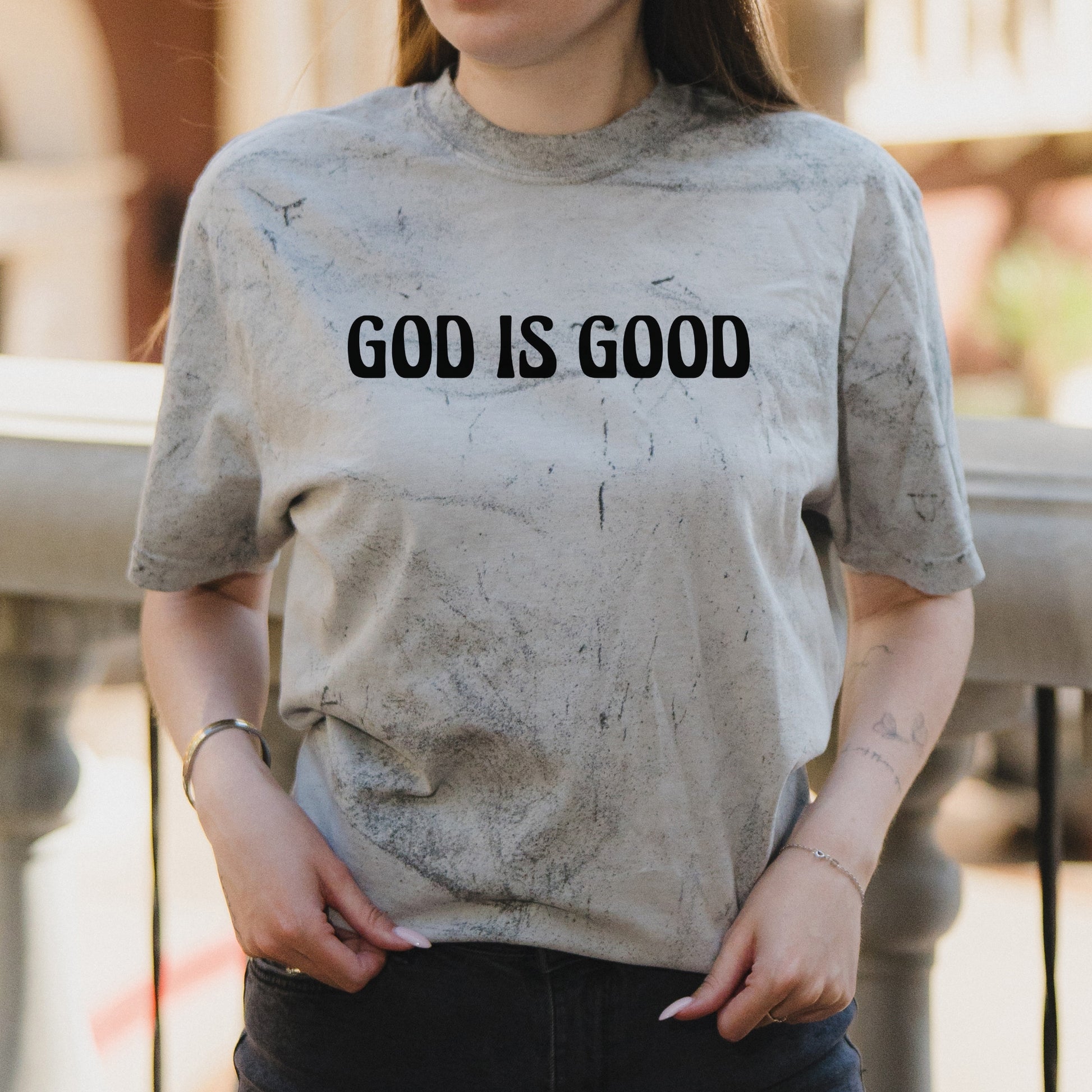 God Is Good Minimalist Text Graphic with Faith-Based Message – Vintage Colorblast Shirt