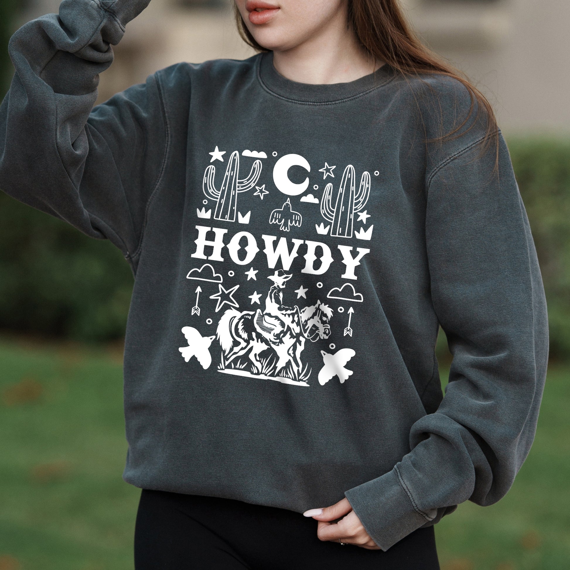 Howdy Cowboy Western Graphic with Cactus and Stars Design  – Pigment Crewneck Sweatshirt