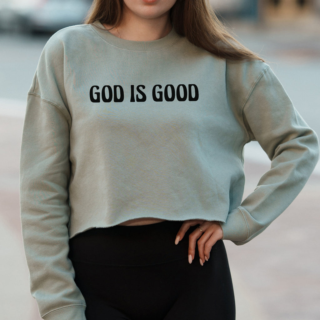 God Is Good Groovy Text Graphic with Faith-Based Message – Vintage Crop Sweatshirt