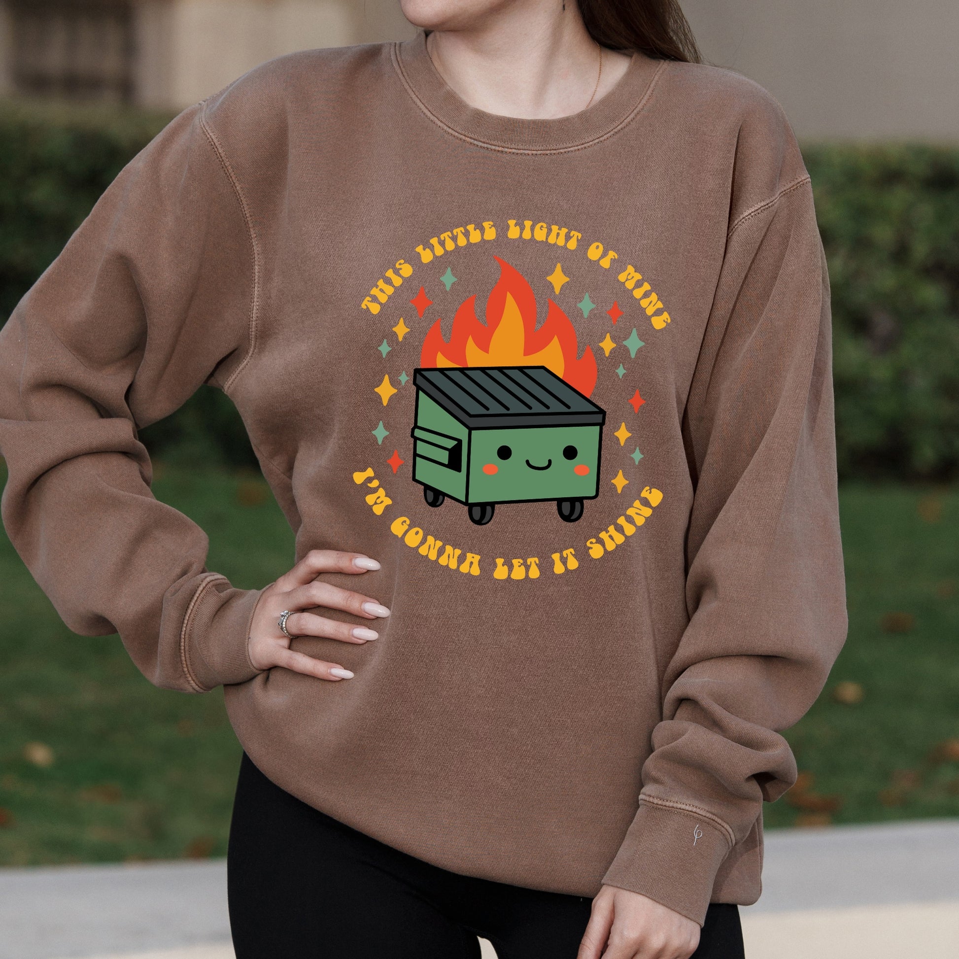 Emotional Dumpster Fire Graphic with This Little Light of Mine Text – Pigment Crewneck Sweatshirt