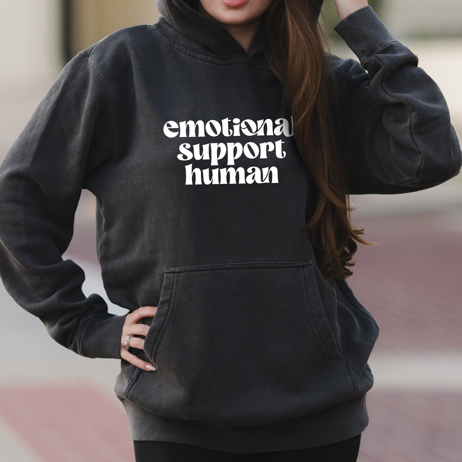 Emotional Support Human Bold Text Graphic with Therapist Inspired Design – Faded Hoodie