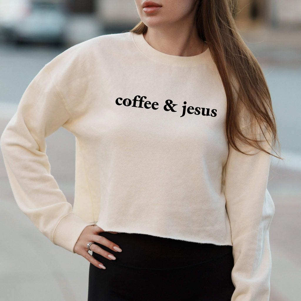 Coffee and Jesus Minimalist Christian Text Graphic – Vintage Crop Sweatshirt