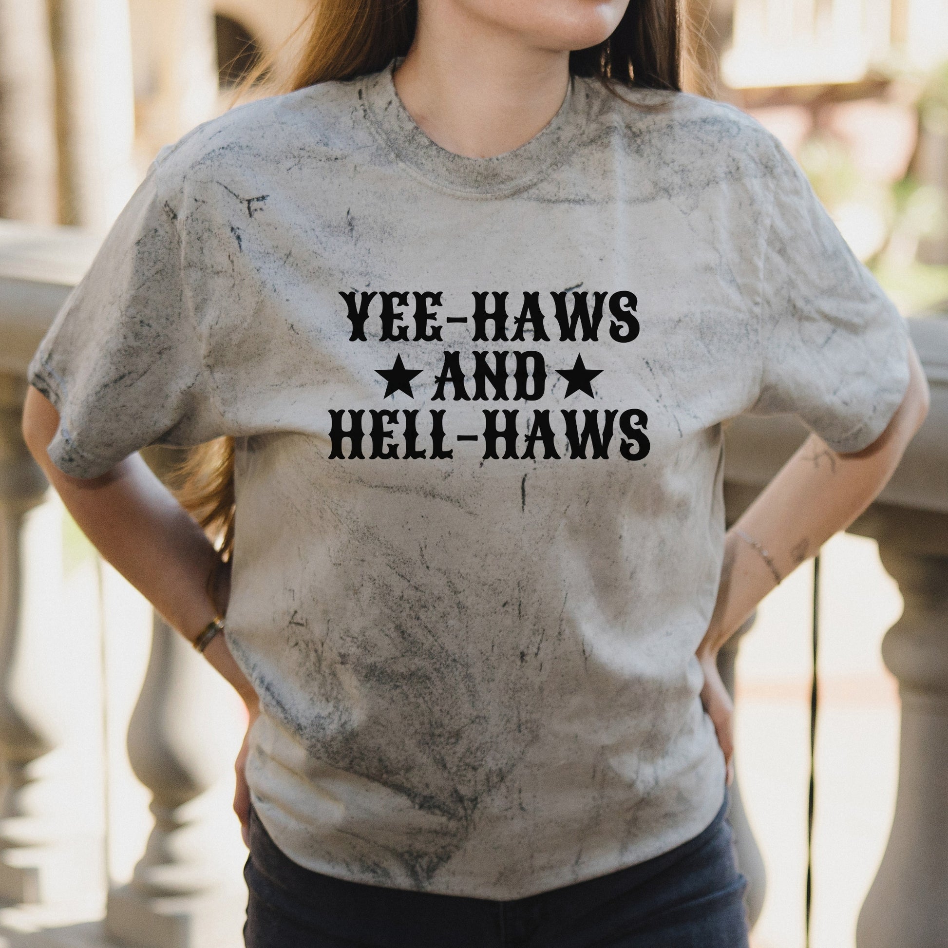 Yee-Haws and Hell-Haws Western Text Graphic with Cowgirl Attitude – Vintage Colorblast Shirt