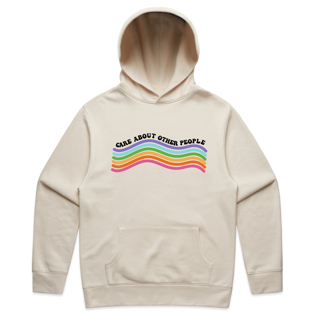 Care About Other People Rainbow Graphic with Positive Message Text – Faded Hoodie