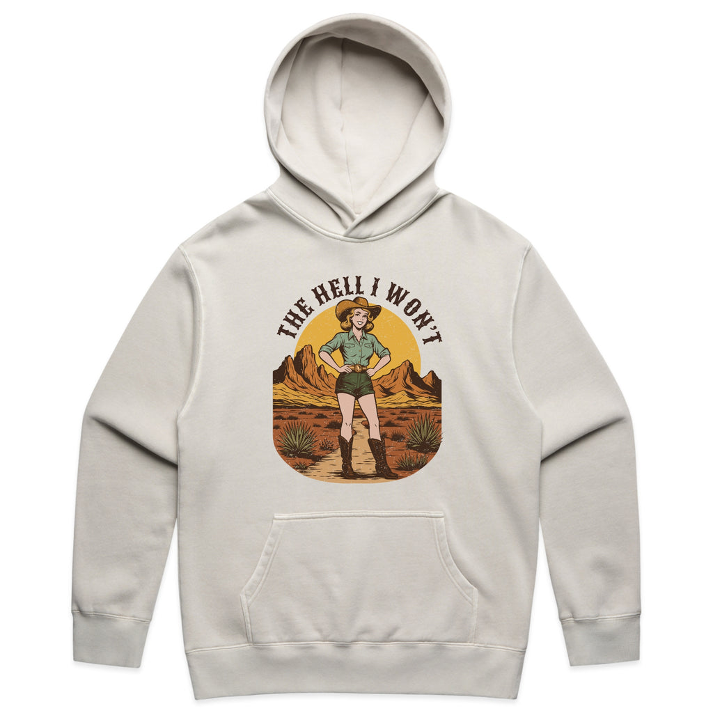 The Hell I Won’t Cowgirl Graphic with Retro Western Attitude – Faded Hoodie