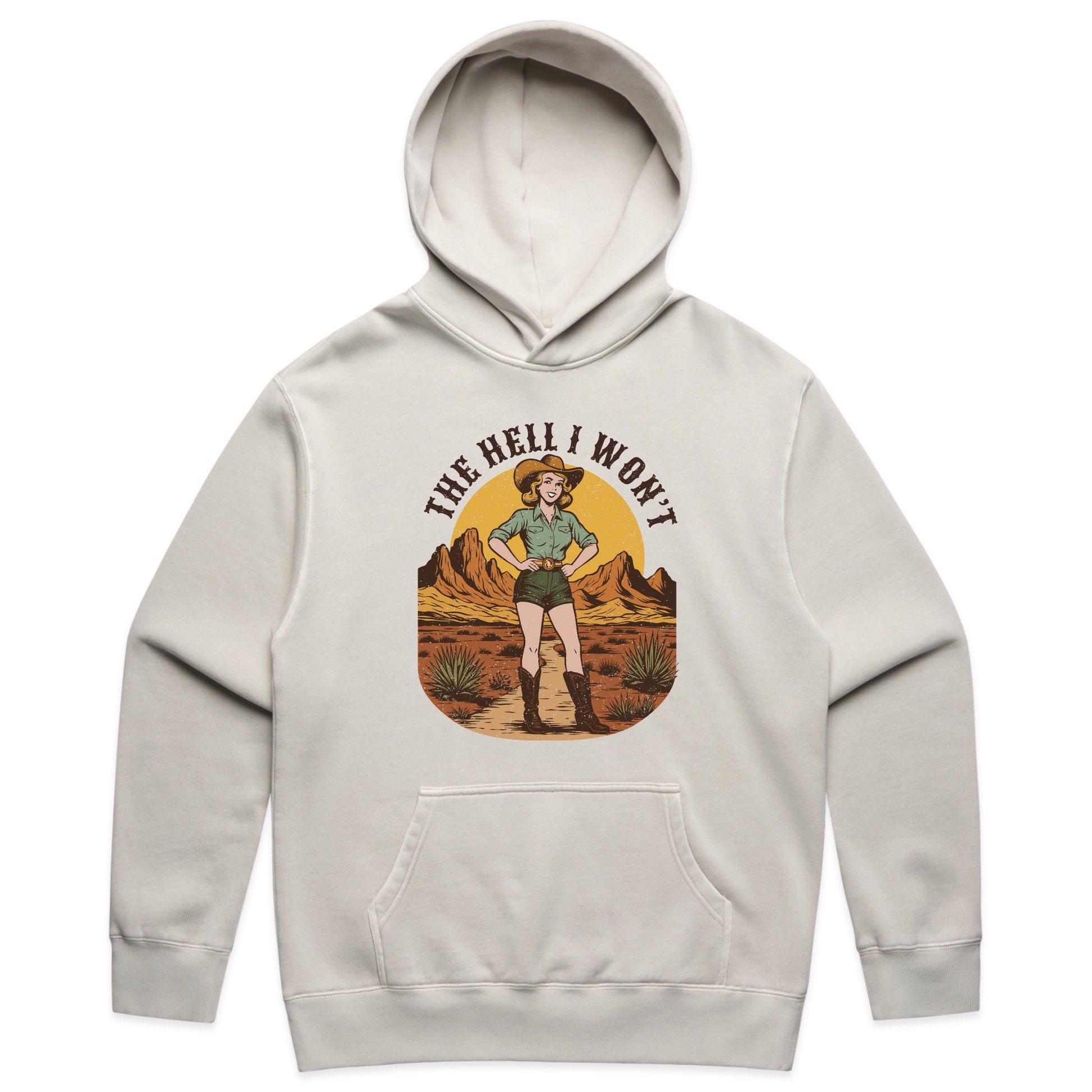The Hell I Won’t Cowgirl Graphic with Retro Western Attitude – Faded Hoodie