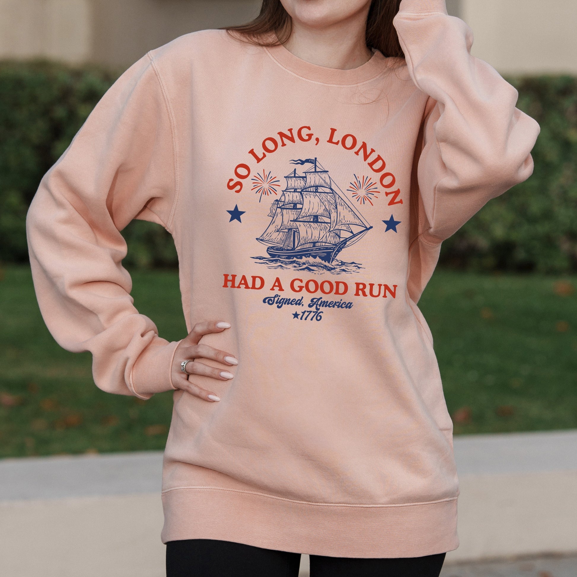 Funny Patriotic Graphic with So Long London Text – Pigment Crewneck Sweatshirt