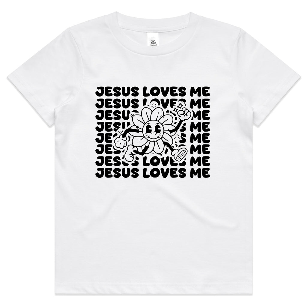 Jesus Loves Me Kids T-Shirt – Retro Christian Toddler Tee with Happy Flower Design