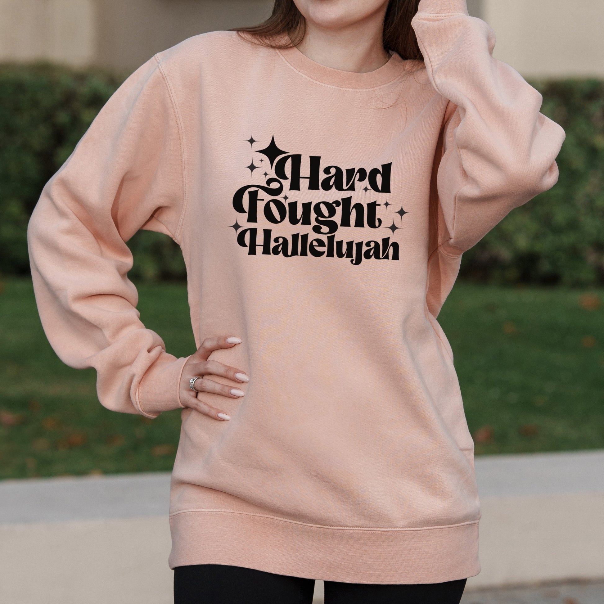 Hard Fought Hallelujah Retro Text Graphic with Christian Message – Pigment Crewneck Sweatshirt