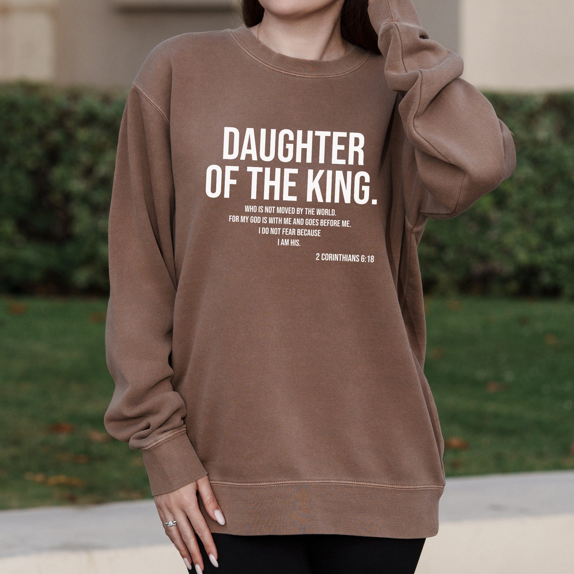 Daughter of the King Text Graphic with Christian Faith Message – Pigment Crewneck Sweatshirt